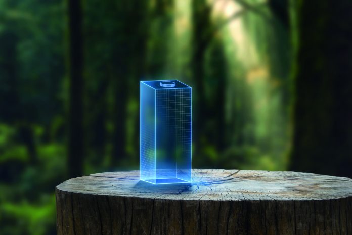 Wooden desk or stump in green forest background,For product display. Beautiful mountain at sunrise.